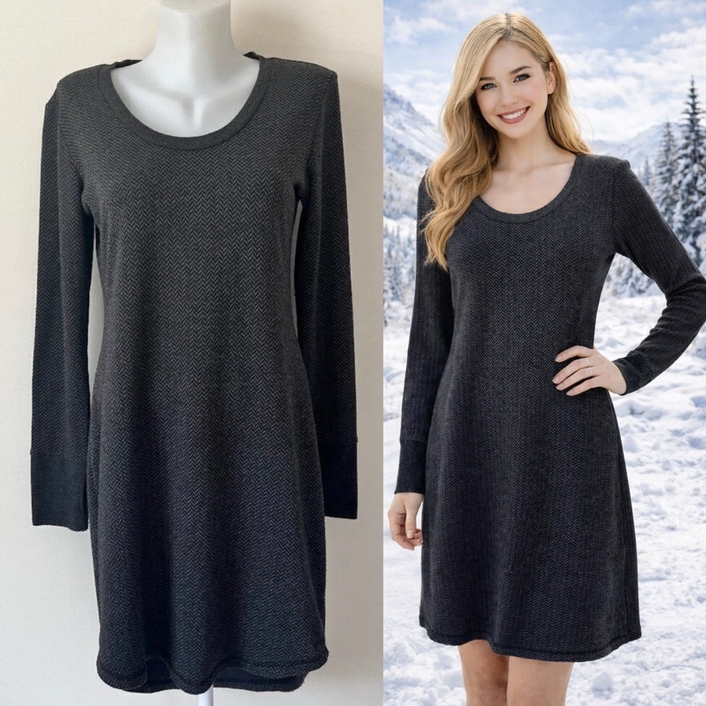 Kavu Sweater Knit Dress Long Line Shirt Gray Black Herringbone Full Sleeves Sz S